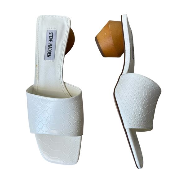 STEVE MADDEN White Croc Square Toe Wood Block Heel Sandal Size 7.5 - Picture 1 of 9